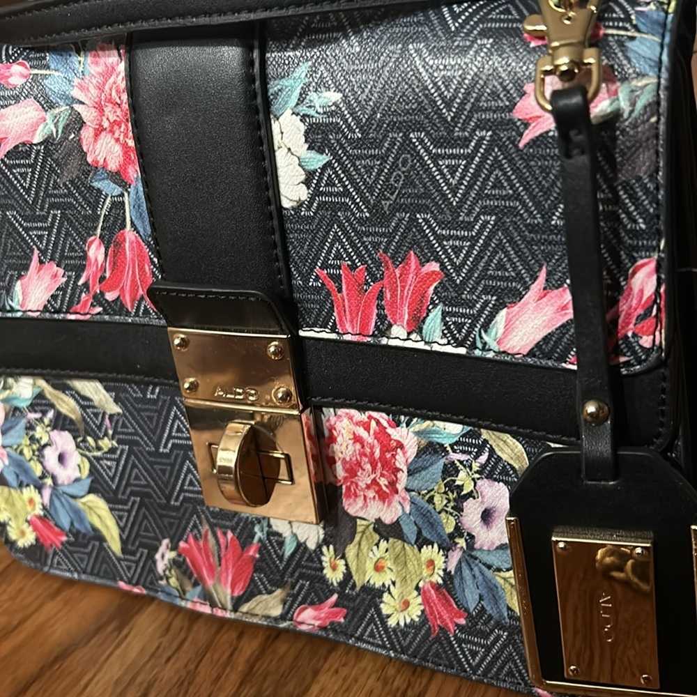 Aldo Black and Floral Print with Gold Chain Crossbody Purse